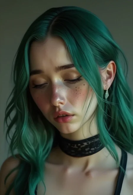 Realistic, realism, 4K, hi-res, Daphne, 20, green hair, freckles, black collar, front facing, drunk, wasted, exhausted, (tired), (sleepy), half asleep,