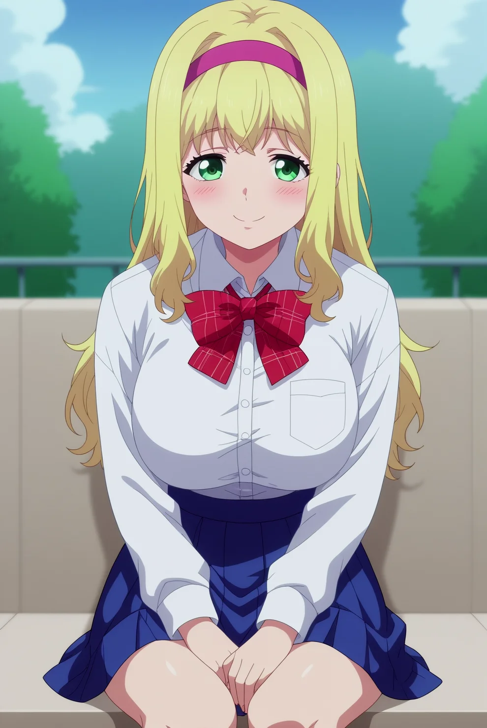 score_9, score_8_up, score_7_up, score_6_up, score_5_up, score_4_up, source_anime,anime screencap,anime coloring BREAK natsu ichijo,1girl,blonde hair,solo,smile,blush,long hair,breasts,large breasts, pink hairband,red bow-tie,sitting, <lora:Natsu Ichijo - PDXL.safetensors:0.8>