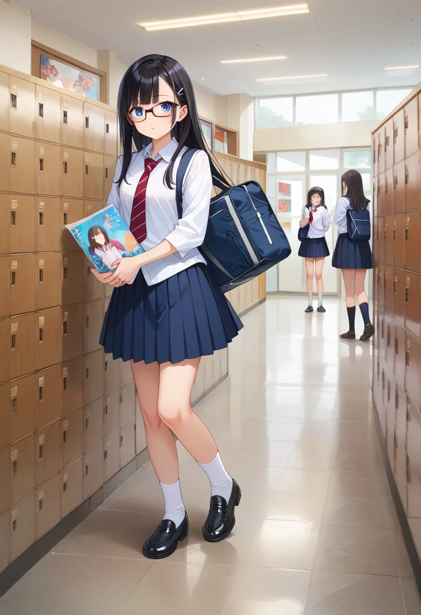 score_9, score_8_up, score_7_up, rating_safe, masterpiece, best quality, absurdres, unity 8k wallpaper, official art, official style, source_anime, uncensored, game cg, megami magazine,
multiple girls, glasses, black hair, long hair, blue eyes, collared shirt, red necktie, pleated skirt, blue skirt, socks, shoes, school bag,
getabako, locker, indoors, school, 
 <lora:gakkou_getabako_PONY_V1:1>