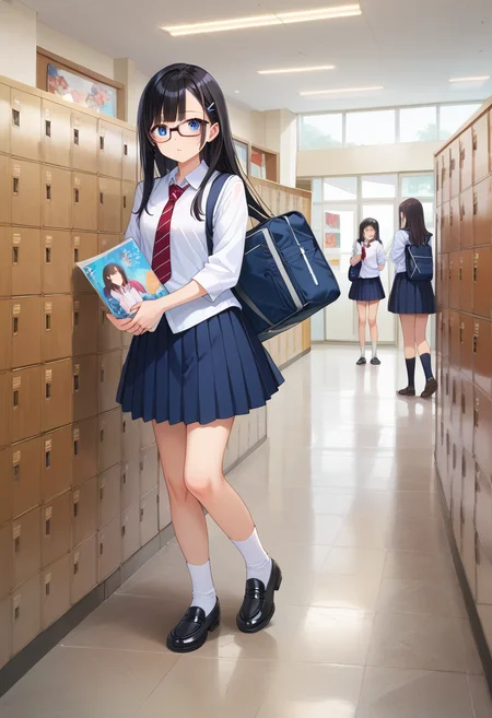score_9, score_8_up, score_7_up, rating_safe, masterpiece, best quality, absurdres, unity 8k wallpaper, official art, official style, source_anime, uncensored, game cg, megami magazine,
multiple girls, glasses, black hair, long hair, blue eyes, collared shirt, red necktie, pleated skirt, blue skirt, socks, shoes, school bag,
getabako, locker, indoors, school,
<lora:gakkou_getabako_PONY_V1:1>