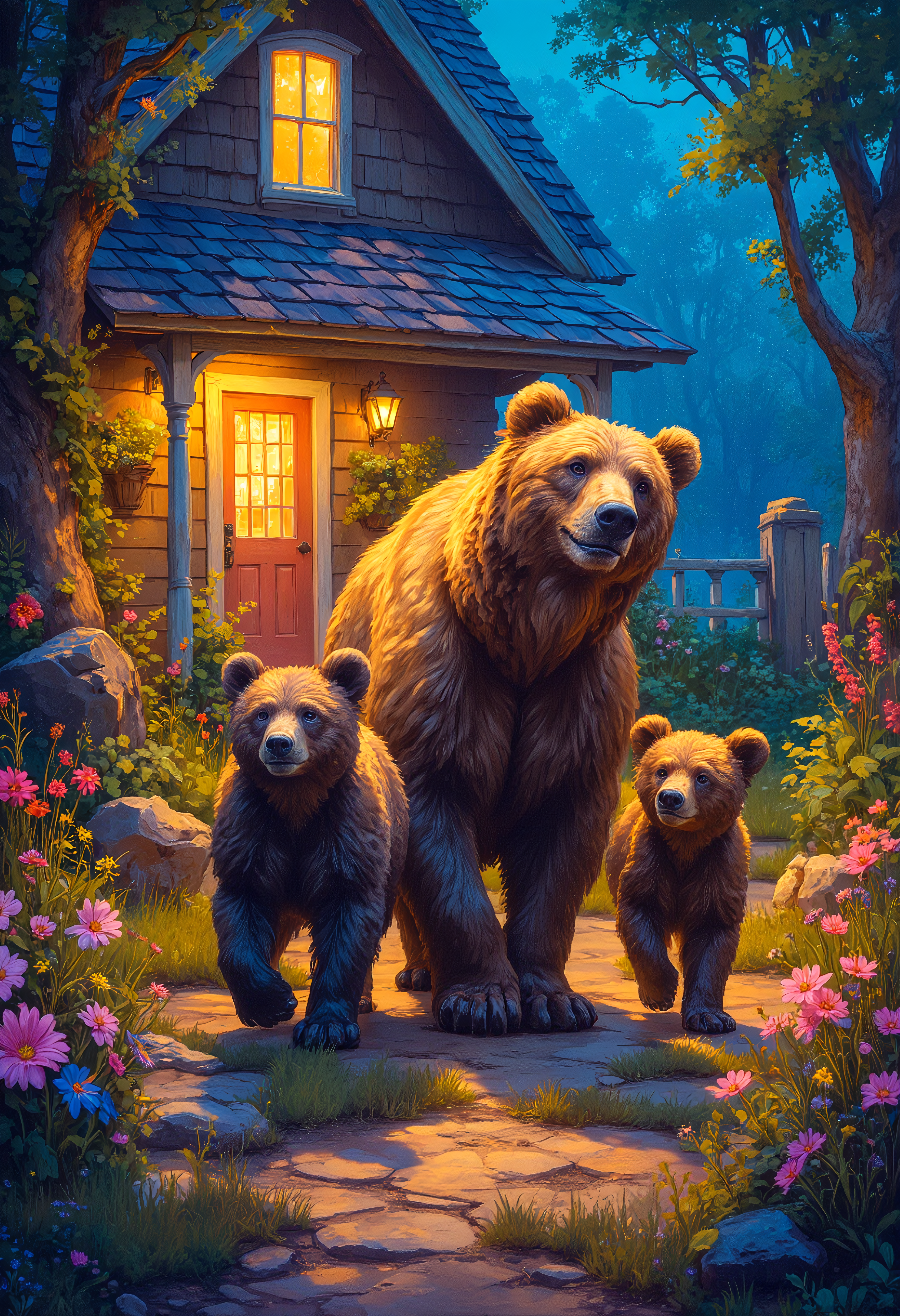 Cartoon style, A bear and her cubs walking through a country cabin garden, brightly lit scene, colorful, vibrant glow, extreme details, dramatic lighting