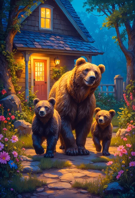 Cartoon style, A bear and her cubs walking through a country cabin garden, brightly lit scene, colorful, vibrant glow, extreme details, dramatic lighting
