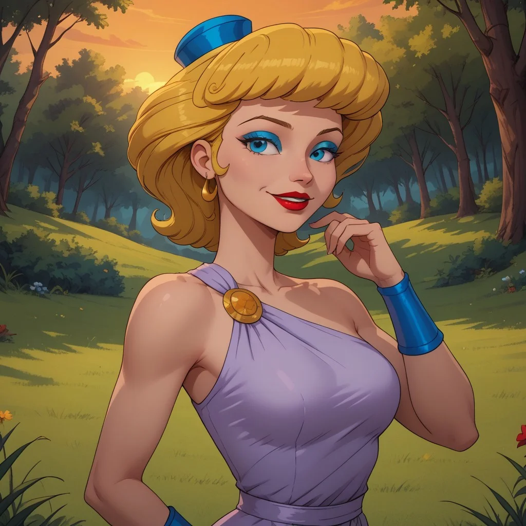 score_9, score_8, BREAK, solo, blonde hair, princess hat, blue eyes, blue eyeshadow, makeup, red lips, lipstick, wristwear, light purple dress, dark blue long skirt, sandals, Helen_of_Troy_(Hercules), sexy pose, self portrait, smile, outdoors, sunlight, shadows, evening lighting, natural lighting, forest, trees, grass, orange sky, sunset