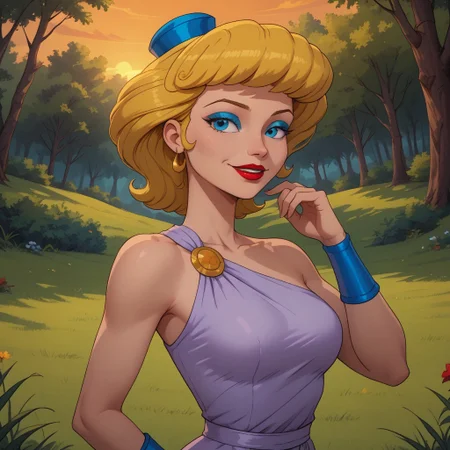 score_9, score_8, BREAK, solo, blonde hair, princess hat, blue eyes, blue eyeshadow, makeup, red lips, lipstick, wristwear, light purple dress, dark blue long skirt, sandals, Helen_of_Troy_(Hercules), sexy pose, self portrait, smile, outdoors, sunlight, shadows, evening lighting, natural lighting, forest, trees, grass, orange sky, sunset