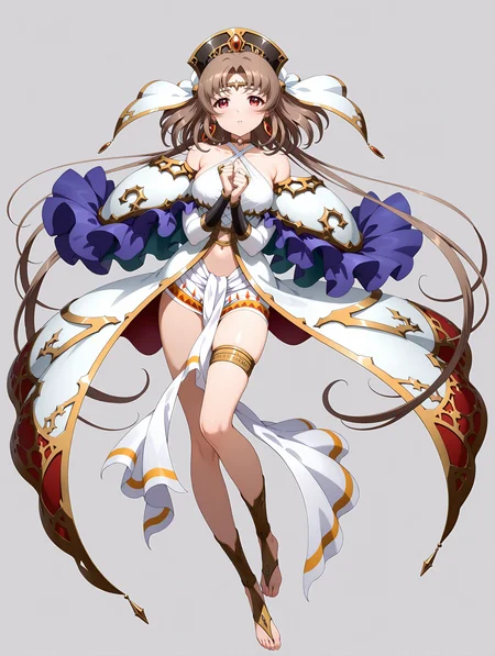 masterpiece,best quality,amazing quality,
1girl,solo,
<lora:yulia_ilxl_v1.1:1>,yulia,red eyes,brown hair,very long hair,y_headdress,
y_clothes,earrings,jewelry,bare shoulders,collarbone,detached sleeves,navel,dress,thighlet,barefoot,
<lora:Fixhands_anime_bdsqlsz_V1:1>,looking_at_viewer,white_background,simple_background,standing,full body,