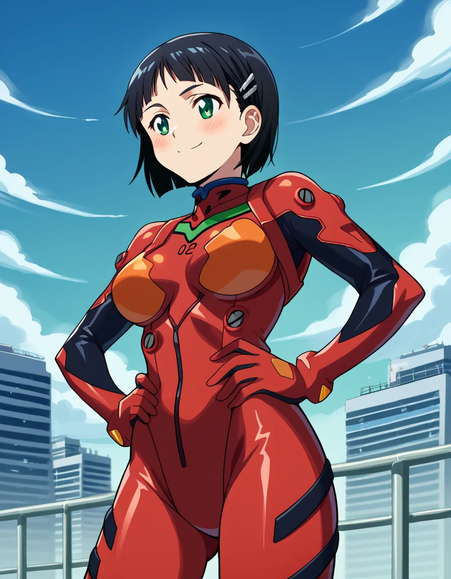 score_9, score_8_up, score_7_up, source_anime, suguhakirigaya, <lora:suguha-kirigaya-s1-ponyxl-lora-nochekaiser:1>, suguha kirigaya, short hair, black hair, hair ornament, hairclip, green eyes, large breasts,, <lora:souryuu-asuka-langley-cosplay-ponyxl-lora-nochekaiser:1>, souryuuasukalangleycosplay, souryuu asuka langley \(cosplay\), bodysuit, pilot suit, plugsuit, red bodysuit, interface headset,, cityscape, smile, blush, hands on hips,, cowboy shot, dutch angle,