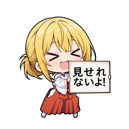 <lora:misera:1>misera,
1girl, solo,
>_<,
chibi,
smile,
full body,
closed eyes,
open mouth,
holding sign,
sign that says "è¦ããããªããï¼"
miko, miko-fuku, long sleeves, wide sleeves,
red hakama,
standing,
white background, simple background
masterpiece, beautiful face, best quality,