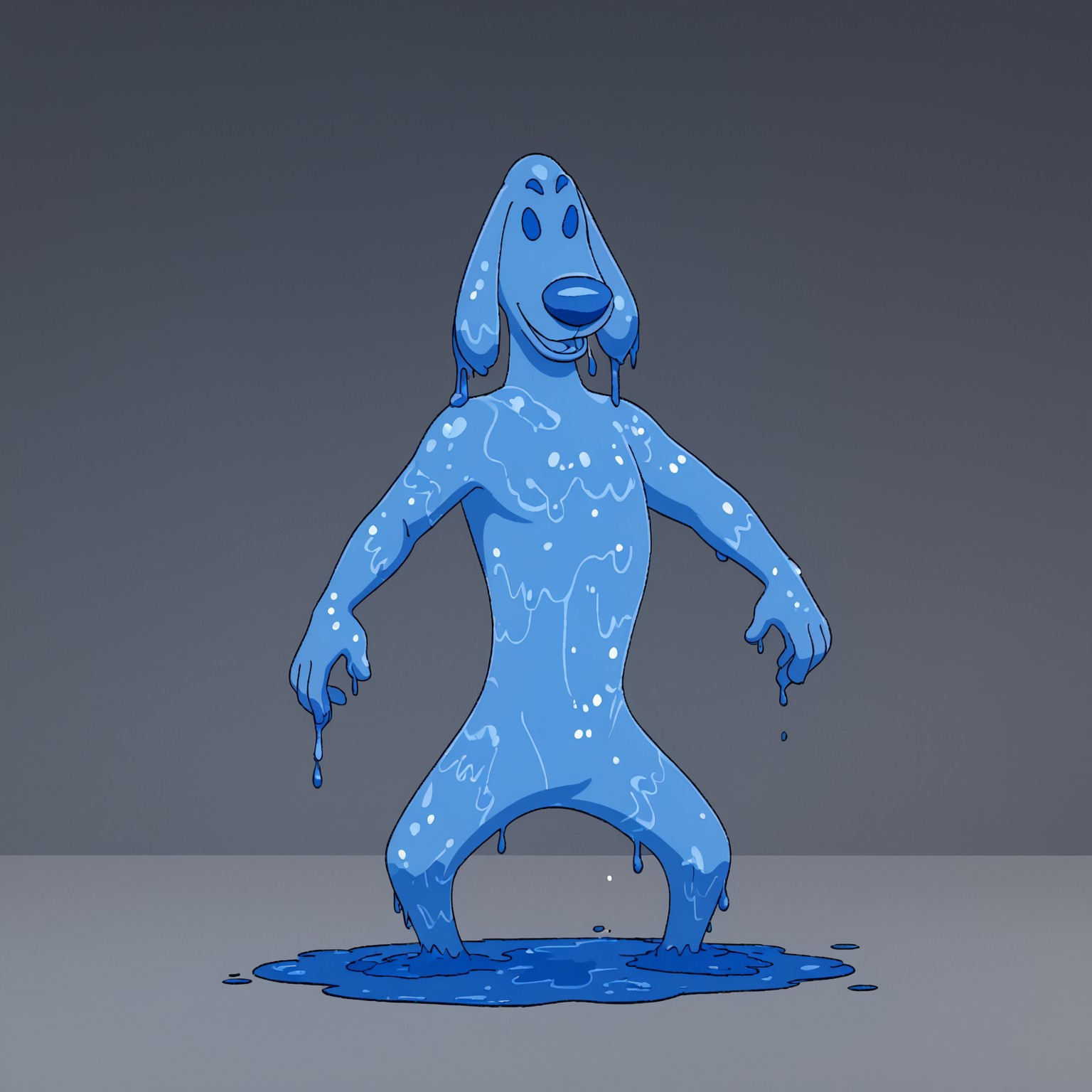simple background, Liquidator, no humans, solo, 1 boy, liquid body, blue skin, see-through body, dark blue eyes, water body, bubbles in body, water dog, dog, furry, water elemental, solid blue eyes, translucent skin, puddle feet, full body