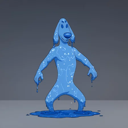 simple background, Liquidator, no humans, solo, 1 boy, liquid body, blue skin, see-through body, dark blue eyes, water body, bubbles in body, water dog, dog, furry, water elemental, solid blue eyes, translucent skin, puddle feet, full body