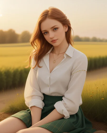superbloom scenery, 24yo attractive irish redhead, (striking eyes with full limbal ring visible, piercing gaze with prominent limbal rings, large expressive eyes with sharp limbal rings, intense wide eyed stare at viewer:1.4), wide cinematic establishing shot seductive young woman sitting having picnic under tree, (bra strap, cleavage,  young adult irish redhead:1.25), (style of Alessio Albi:1.4), Realist Portraiture, Soft Lighting, Emotional Depth, Simple Compositions, (Layered Depth, Soft focus foreground, Painted Scenery:1.1), alluring feminine physique, short backlit hair, perfect face, thin upper lip, pouting lower lip, thin brows, small upturned nose, bow-shaped lips, Raised Eyebrows, Focused Gaze, eager expression, quaint farm setting, (relaxed country woman), (tight unbuttoned shirt, thin material), subsurface scattering, classic cotton, soft pastel, intricate embroidery collar cuffs, rolled-up sleeves revealing sun-kissed forearms BREAK (blanket:1.15), rich textures, patchwork design, vibrant colors, detailed stitching, homely aesthetic (skirt), elegant rustic charm, subtle floral pattern, linen, sways breeze BREAK ((wildflower wreath)), crown delicate chain necklace, small, intricate pendant, heart-shaped with floral theme, glowing subtly in the soft light, ethereal quality, [lens flare glinting], (mischievous yet content expression), lush green fields in the background, (soft, sunlit ambiance), simple leather boots, carefree hair  <lora:kodak_ultramax_400:0.8> golden hour, soft golden light, pastel sky, relaxed posture, natural smile, earthy colors, candid moment, trees and flowers in background, leading lines, depth of field, slightly off-center framing, warm tones, cinematic look, natural setting, editorial style, soft textures, subtle lighting, peaceful mood