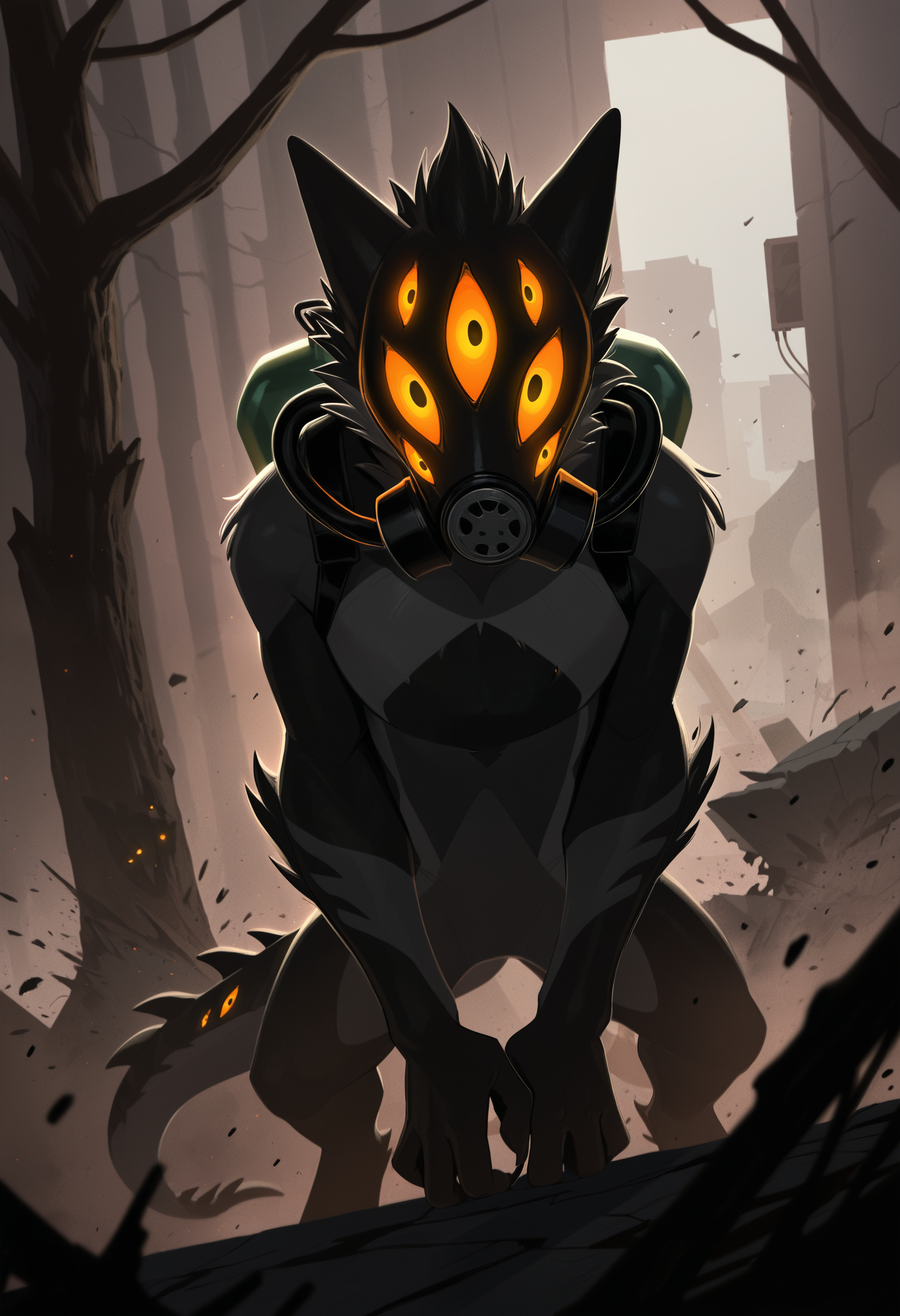 photorealism, photorealistic, chromatic aberration, depth of field, detailed background, eye reflections, reflections, detailed body,   dutch angle, male, solo, 1boy, adult, male focus, tail, male focus, looking at viewer, j3rry_cos, extra eyes, (anthro, furry:1.15), no humans, solo, glowing eyes, (close up, radiation, ashes, dust, worried, wastelands, zombie apocalypse, chemical protection, gas mask, oxygen tank, infection, particles, broken cars, devastation, destruction, withered plants:1.05), standing, front vire,   masterpiece, best quality, amazing quality, very aesthetic, absurdres, newest,   (artist:syuro:0.8), (artist:nomax:0.5), (artist:honovy:0.6), (artist:kenket:0.6), (artist:taran fiddler:0.6),   <lora:Jerry_Creatures_Of_Sonaria_Illustrious:1.0>,