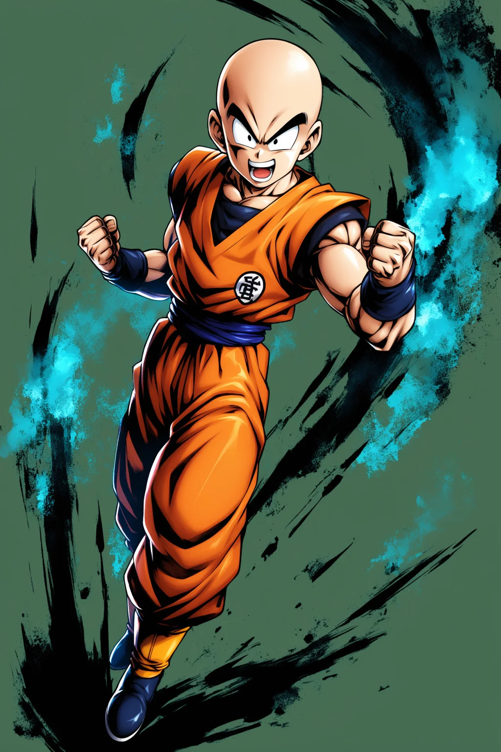 krillin,1boy,male focus,solo,bald,dougi,full body,boots,clenched hands,standing,open mouth,teeth,smile,blue fire,<lora:Dragon Ball_XL:0.8>,