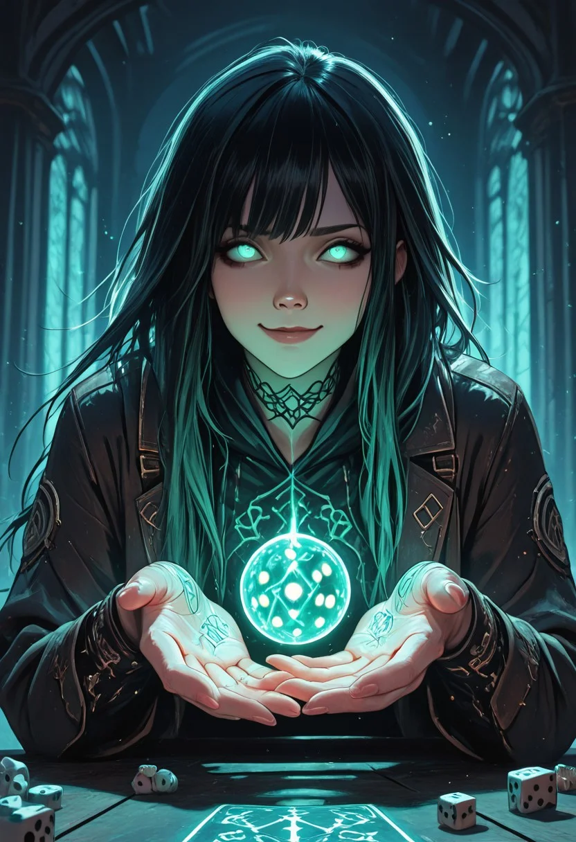 (masterpiece), (best quality), 8k, 1girl, medium-long shot, dramatic perspective from table level, looking up, sitting on a table, throwing large glowing dice, dice close to the camera, perspective distortion, smirking expression, glowing eyes, confident posture, arcane tattoos on hands, playing cards floating around, magical runes on dice, glowing ambient light, wind blowing long hair, dynamic lighting, magical particles, cinematic fantasy scene, background blurred for depth, casual but dangerous aura,