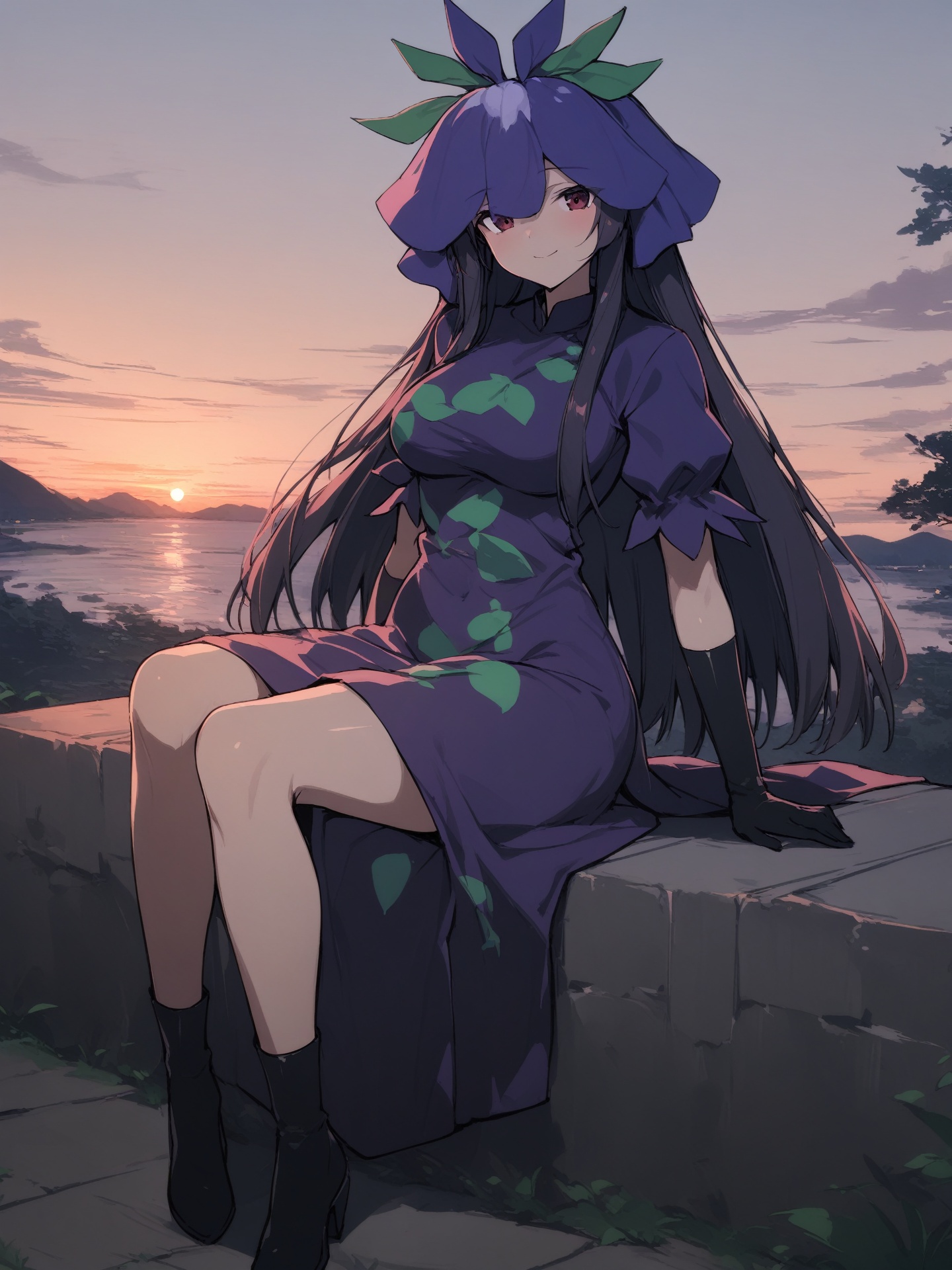 1 girl, Hisami, touhou, full body, outdoors, sitting, dusk, masterpiece, best quality, very aesthetic, absurdres <lora:Hisami:1.0>