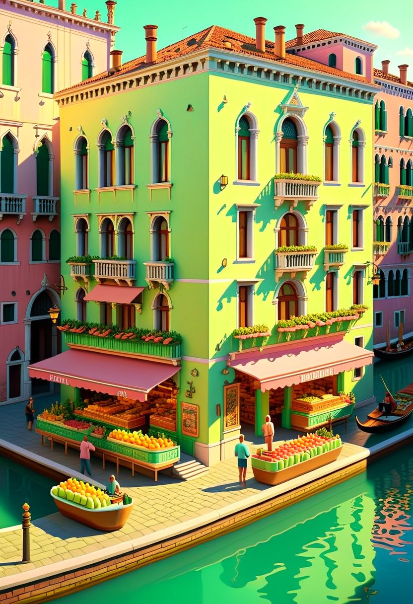 ispzxll, no humans, dioramaplant, isometric, miniature, futuristic soviet-inspired venice building street scene, seaform-green and pale-pink pastel colors, golden hour, long shadows, volumetric lighting style, pedestrian crowds, fruit stands, boats in canals, storefronts, epic architecture, intricate details, potted plants, ultra-detailed, 8k, fluffy clouds