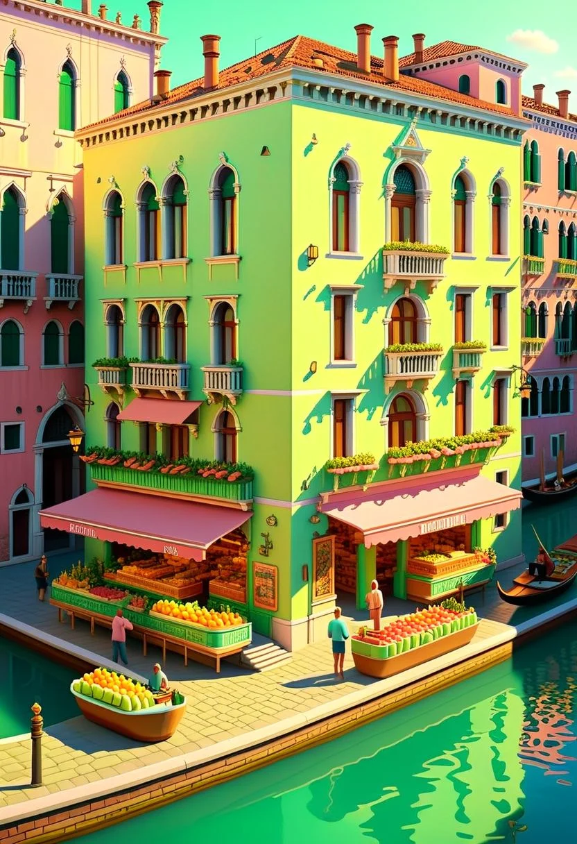 ispzxll, no humans, dioramaplant, isometric, miniature, futuristic soviet-inspired venice building street scene, seaform-green and pale-pink pastel colors, golden hour, long shadows, volumetric lighting style, pedestrian crowds, fruit stands, boats in canals, storefronts, epic architecture, intricate details, potted plants, ultra-detailed, 8k, fluffy clouds