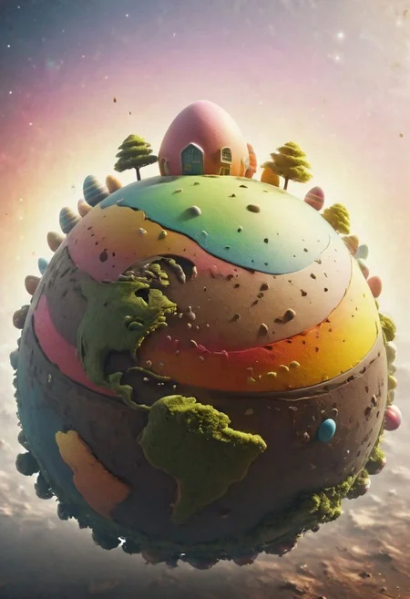 a floating colorful easter egg Planet in space, clear Open space, little trees and Houses from bunnies are visible on the Planets surface, Happy and colorful,
,very detailed, raw photo, photorealistic, high detailed texture, 8k uhd, dslr, soft lighting, high quality, film grain, Fujifilm XT3, highly detailed photography, atmospheric haze, Film grain, cinematic film still, shallow depth of field, highly detailed, high budget, cinemascope, moody, epic, OverallDetail, gorgeous, 2000s vintage RAW photo, photorealistic, candid camera, color graded cinematic, eye catchlights, atmospheric lighting, skin pores, imperfections, natural, shallow dof