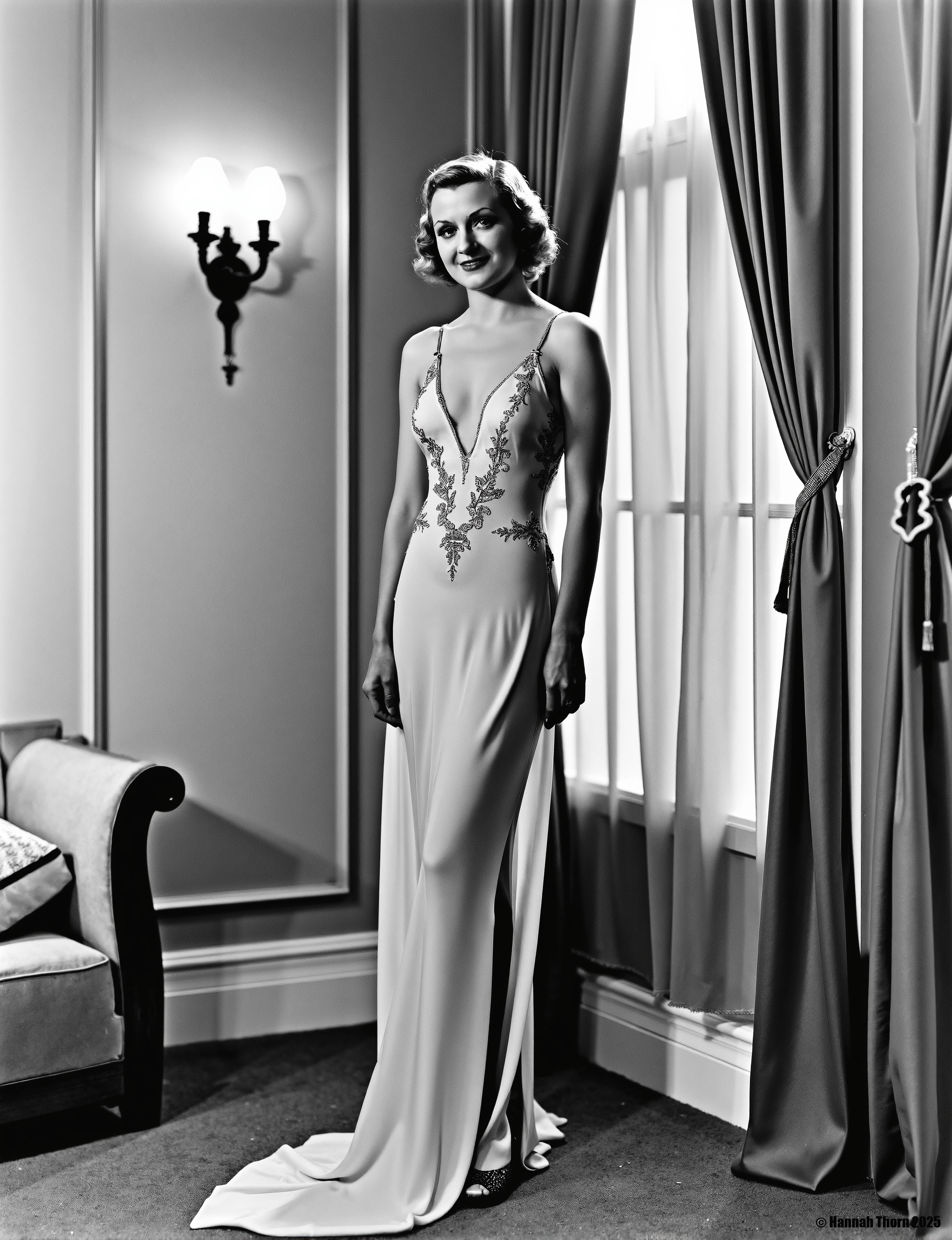 A black and white photograph from the 1930s about a woman in a luxurious bedroom, leaning against sheer curtains. the woman, who appears to be in her mid-twenties, is standing in the middle of the image, wearing a long, flowing gown with a plunging neckline and intricate lace detailing. her hair is styled in a short, wavy bob, and she has a confident, alluring expression on her face. she is looking directly at the camera with a slight smile, and her hands are resting on her thighs. the room is decorated with elegant curtains, a bed, and a wall sconce, creating a sophisticated atmosphere. the lighting is soft and warm, casting gentle shadows on the woman's body.<lora:_Flux\_Film-Retro\Pre-Code_Hollywood-concept_2.safetensors:1.01:1.01>