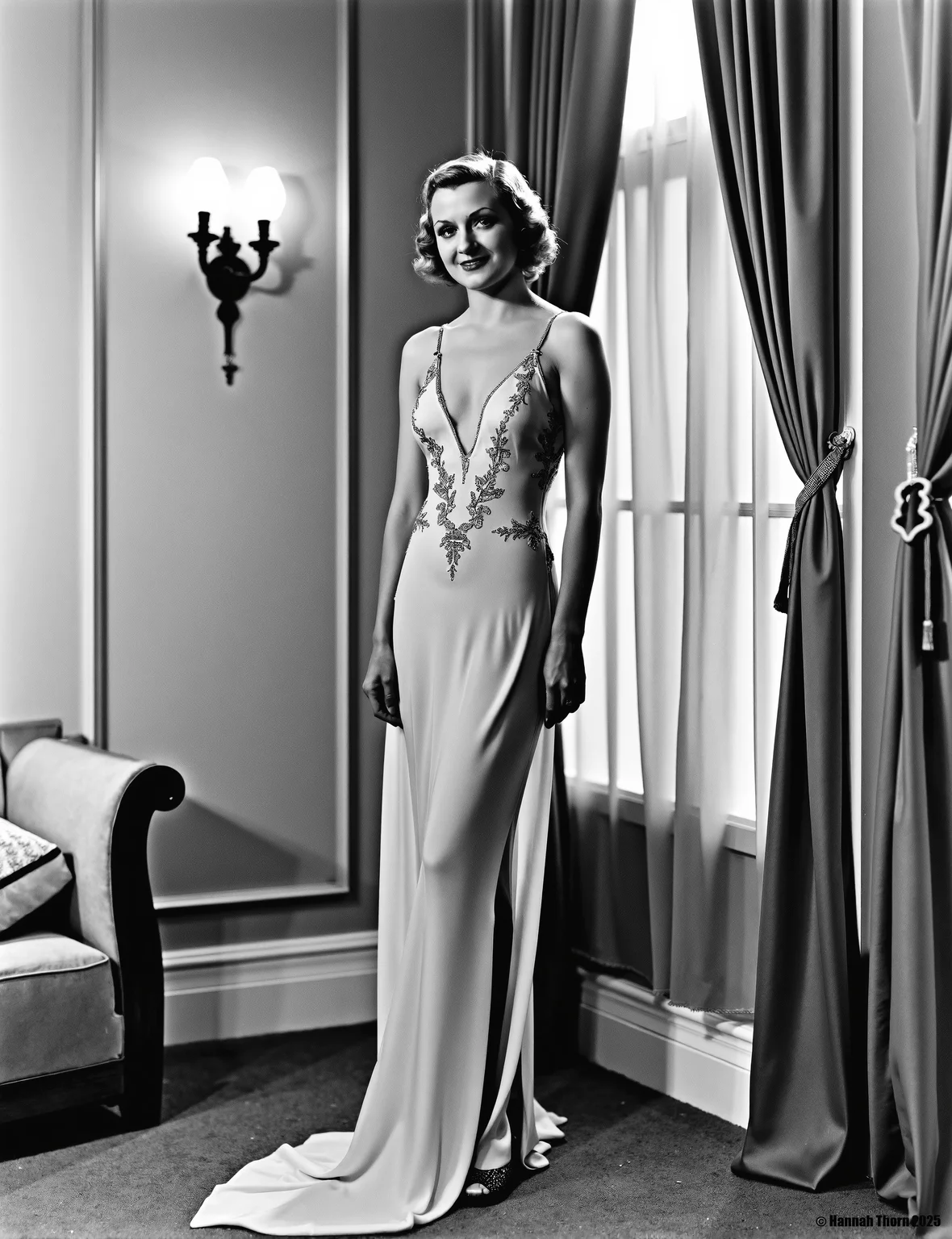 A black and white photograph from the 1930s about a woman in a luxurious bedroom, leaning against sheer curtains. the woman, who appears to be in her mid-twenties, is standing in the middle of the image, wearing a long, flowing gown with a plunging neckline and intricate lace detailing. her hair is styled in a short, wavy bob, and she has a confident, alluring expression on her face. she is looking directly at the camera with a slight smile, and her hands are resting on her thighs. the room is decorated with elegant curtains, a bed, and a wall sconce, creating a sophisticated atmosphere. the lighting is soft and warm, casting gentle shadows on the woman's body.<lora:_Flux\_Film-Retro\Pre-Code_Hollywood-concept_2.safetensors:1.01:1.01>