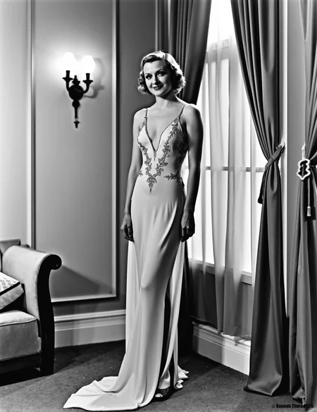 A black and white photograph from the 1930s about a woman in a luxurious bedroom, leaning against sheer curtains. the woman, who appears to be in her mid-twenties, is standing in the middle of the image, wearing a long, flowing gown with a plunging neckline and intricate lace detailing. her hair is styled in a short, wavy bob, and she has a confident, alluring expression on her face. she is looking directly at the camera with a slight smile, and her hands are resting on her thighs. the room is decorated with elegant curtains, a bed, and a wall sconce, creating a sophisticated atmosphere. the lighting is soft and warm, casting gentle shadows on the woman's body.<lora:_Flux\_Film-Retro\Pre-Code_Hollywood-concept_2.safetensors:1.01:1.01>