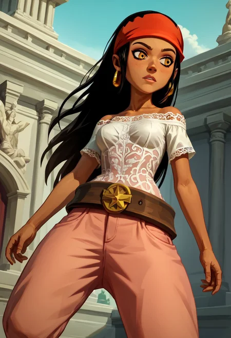masterpiece, very detailled character, ((masterpiece)), (best quality:1.5), (highres:1.4), (ultra-detailed body), (intricate details), (dynamic angle), (highest quality:1.12)
score_99 score_89_up score_79_up uncensored, show accurate, perfect anatomy (curvy),
dark tanned skin, amber eyes. long black hair,
wear white lace shirt, pink large pants, red bandana, golden earring,
jumping in, (mouving body)
outdoor, statues in background