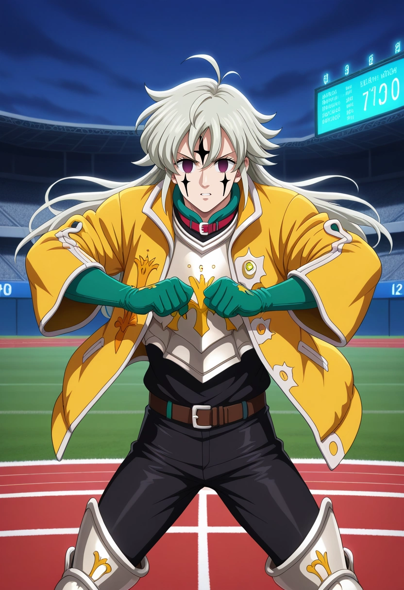masterpiece, best quality, , (realistic:0.6), looking at viewer, 1boy, solo, male focus, <lora:tristan_liones_ilxl:0.94>, tristan_liones, grey hair, green eyes, long hair, ahoge, yellow jacket, armor, green gloves, , purple eyes, empty eyes, facial mark, sports field, freshly painted lines, cheering fans, glowing scoreboard, playing pose, determined expression, vibrant energy,