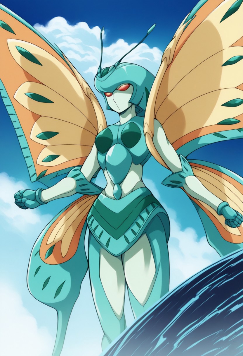 score_9, score_8_up, score_7_up, source_anime, anime illustration, masterpiece, best quality, lots of details, BREAK zPDXLx, mur4k4mi-ip,bakugan,1girl,monarus,ventus monarus,bakugan (creature),butterfly wings ,wings,midriff,breasts,solo,robot,no humans,mecha,red eyes,parody,cloud,bug,sky,color skin,green skin