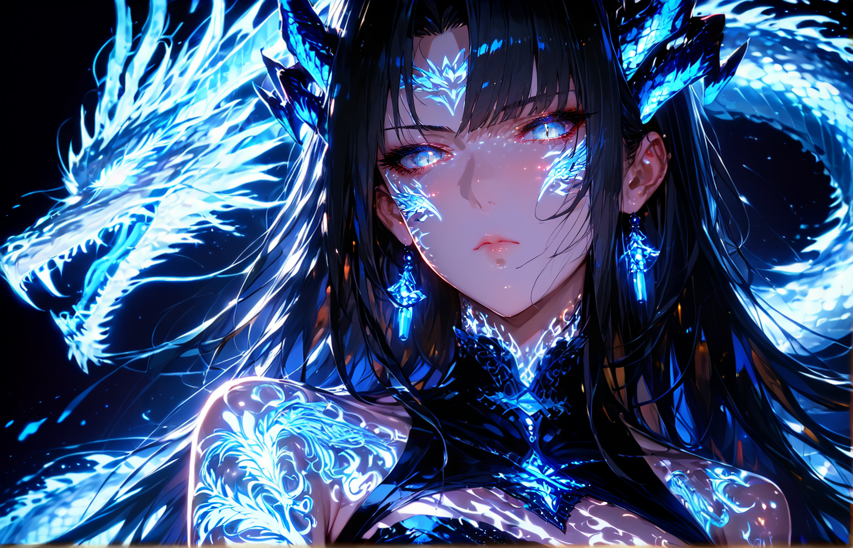 <lora:Aetherflare_Marks_:0.8>,<lora:GEN 0.1v:0.6>,<lora:For_Pony_v0.2:0.8>,source_anime,score_9,score_7_up,score_8_up,dark background,looking at viewer,dynamic angle,close up,upper body,
1girl,solo,adult,<lora:age_slider_v4:1.2>,black hair,long hair,long bangs,asymmetrical bangs,straight hair,silver eyes,pale skin,shiny skin,(half-closed eyes:0.8),expressionless,standing,glowing,tattoo,dragon horns,glowing eyes,blue glow,dress,