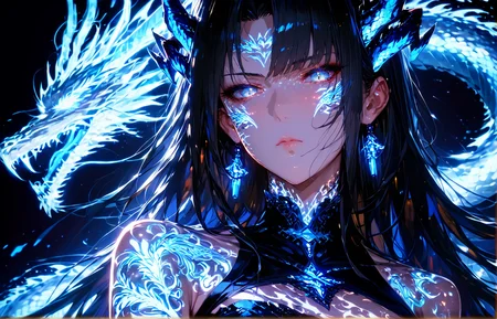 <lora:Aetherflare_Marks_:0.8>,<lora:GEN 0.1v:0.6>,<lora:For_Pony_v0.2:0.8>,source_anime,score_9,score_7_up,score_8_up,dark background,looking at viewer,dynamic angle,close up,upper body,
1girl,solo,adult,<lora:age_slider_v4:1.2>,black hair,long hair,long bangs,asymmetrical bangs,straight hair,silver eyes,pale skin,shiny skin,(half-closed eyes:0.8),expressionless,standing,glowing,tattoo,dragon horns,glowing eyes,blue glow,dress,