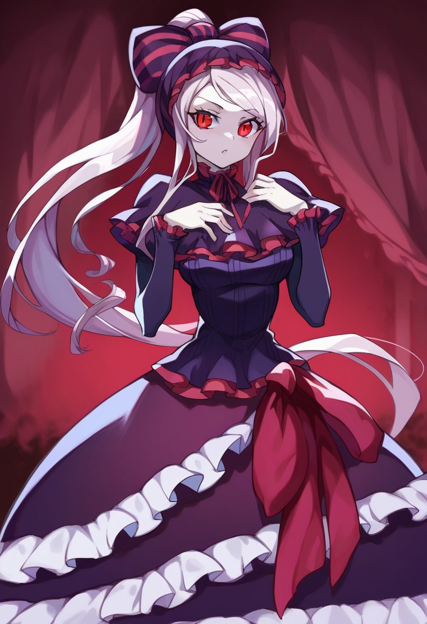 score_9,score_8_up,score_7_up BREAK 
shalltearbloodfallenSDXL,1girl, red eyes, dress, bow, very long hair, ponytail, hair bow, frills, striped, frilled dress, pale skin, fashion, striped bow, long dress, gothic, vampire, cowboy shot, room background