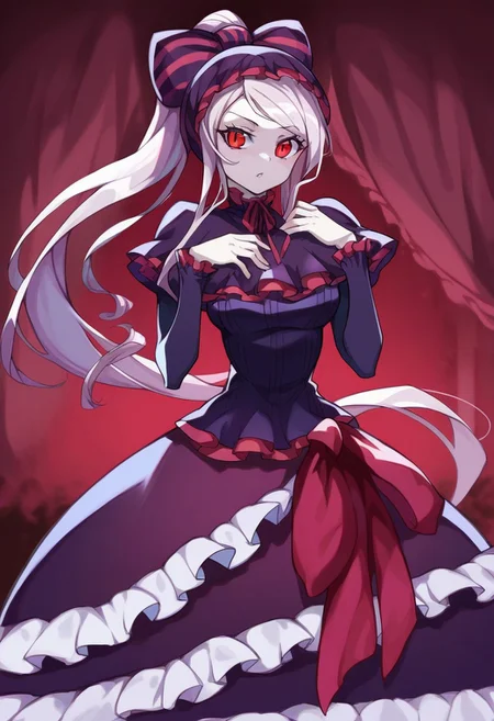 score_9,score_8_up,score_7_up BREAK
shalltearbloodfallenSDXL,1girl, red eyes, dress, bow, very long hair, ponytail, hair bow, frills, striped, frilled dress, pale skin, fashion, striped bow, long dress, gothic, vampire, cowboy shot, room background