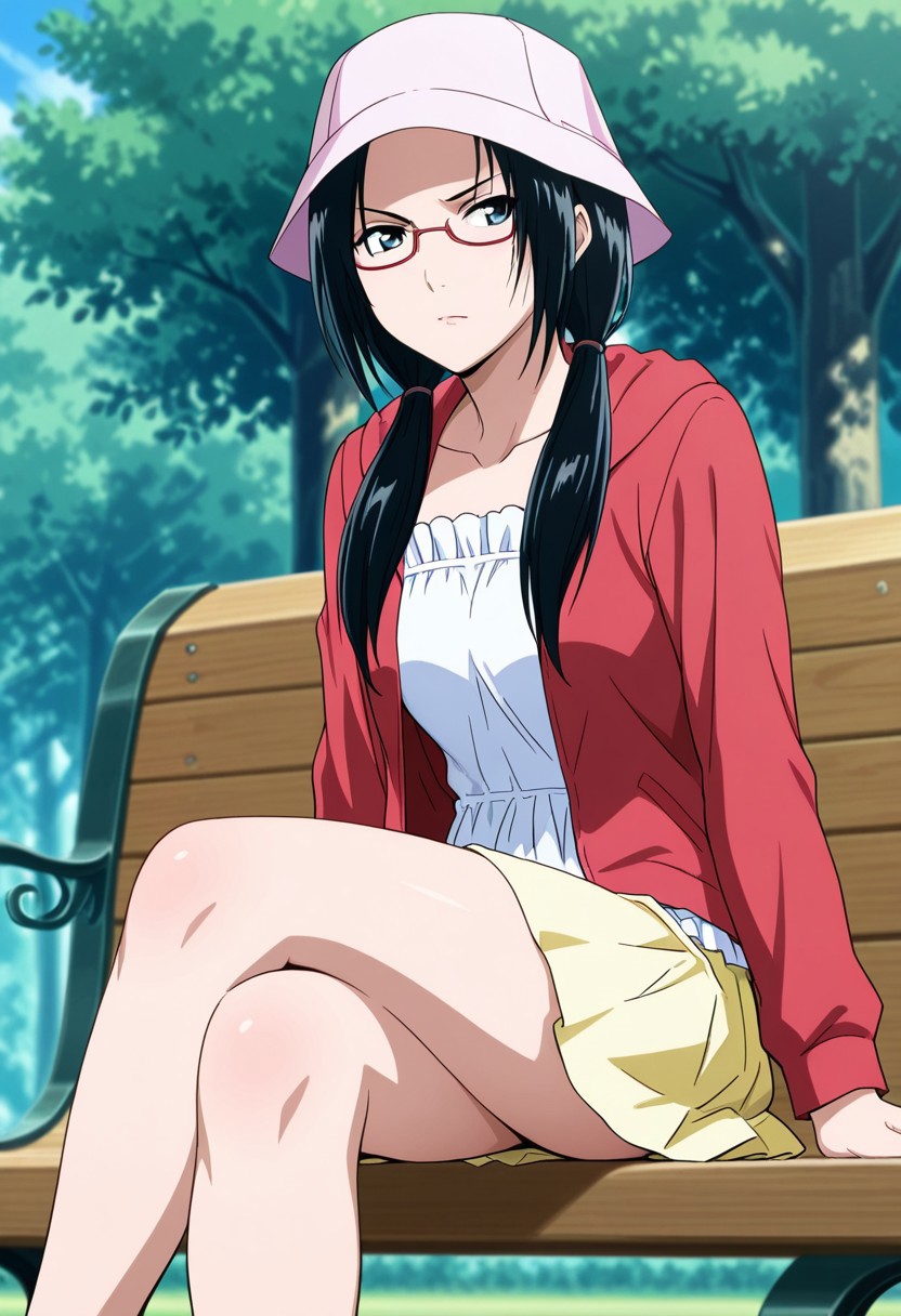 masterpiece, very aesthetic,8k,masterpiece, best quality, aoikuni, picnic-outfit, glasses, 1girl, hat, glasses, twintails, black hair, bench, solo, low twintails, long hair, yellow skirt, white frilled top , red jacket , sitting crossed legs, 
, impressionism 1.5, high detail, depth of field, blurred background, dramatic lighting, outdoors,  ,SmoothNegative_Hands