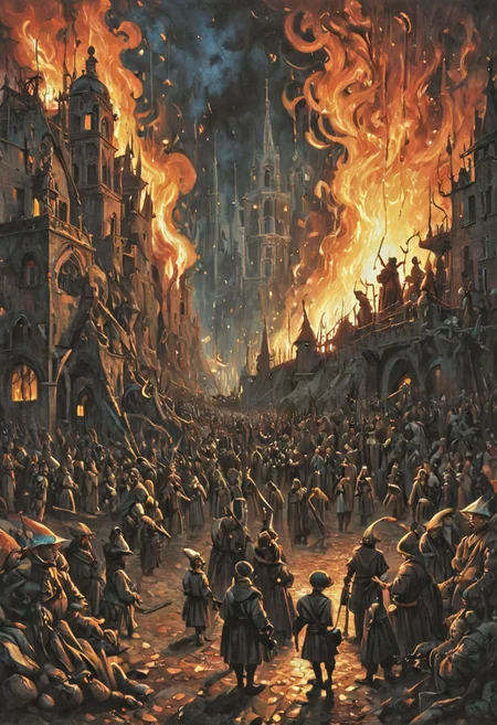 Group of Russian men amidst.  in “The Garden of Earthly Delights” art Hieronymus Bosch. akin to the style of  Giovanni Battista Piranesi, The scene is  a chaotic street protest in the town Alicante filled with tension and unrest, as flames from an explosion illuminate the night sky,  This artwork should convey the complexity and depth of the decline of technology and its influence on modern society. 8k resolution. Chiaroscuro Lighting Style, hud_m4x_4bstr4ct_styl, colorful, abstract,