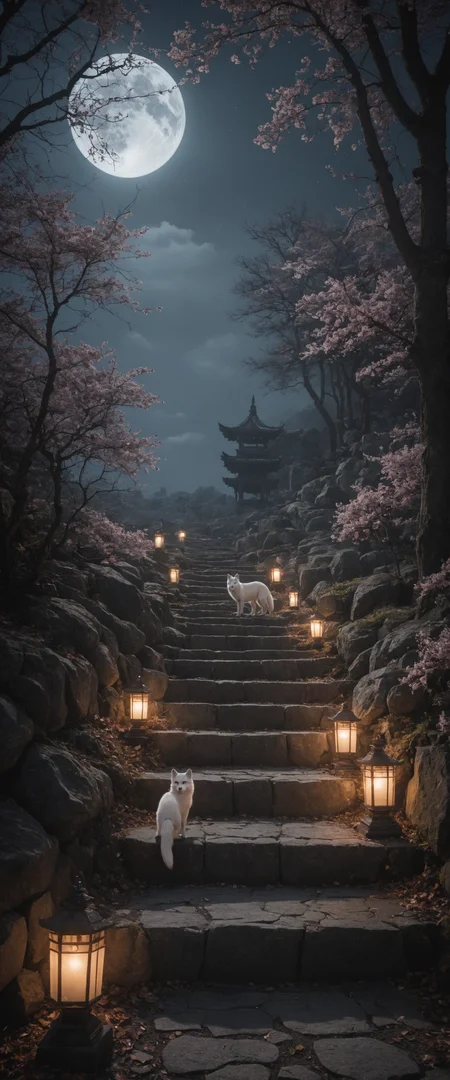 photo of stone stairs leading to shrine, (luminous white fox with magnificent tail), epic composition, cinematic lighting, beautiful moon night sky, purple, fantastic fog, cherry trees, (small stone lanterns set on ground, luminous reflection), (winding passage), floating luminescent particles, medieval Japanese landscape, (best quality), photorealistic, highly detailed, high resolution RAW photo <lora:offset_0.2:0.6> <lora:add-detail-xl:0.4>
