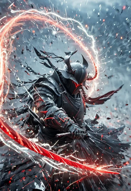 1man, armored samurai in black samurai armor, wearing samurai helmet and armor, Incoming sword, broken glass, brave perspective, reflection, glowing lightning slash, red katana, red lightning, shatter, holding sword, glowing sword, motion blur, emphasis line, outdoor in the darkness, looking at viewer,