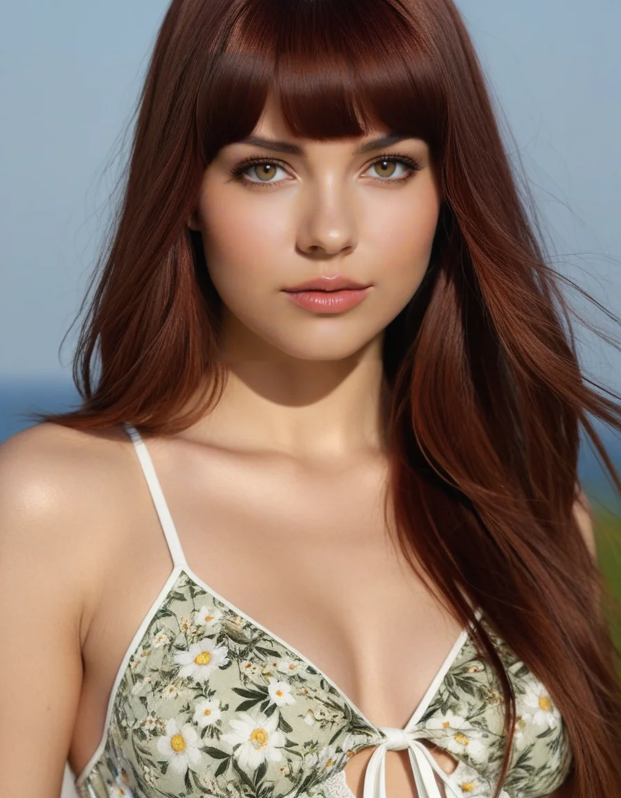 raw photo, full head and face portrait, full head in frame, ima luvva, solo, mouth closed, closed mouth, lips together, long flowing hair with bangs, light colored flowery short sundress, (beautiful, ultra-detailed body:1.1),best quality,photo-realistic,highly detailed,absurdres,hyper-realistic,sharp focus,32k resolution,detailxl,SimplePositiveXLv2,