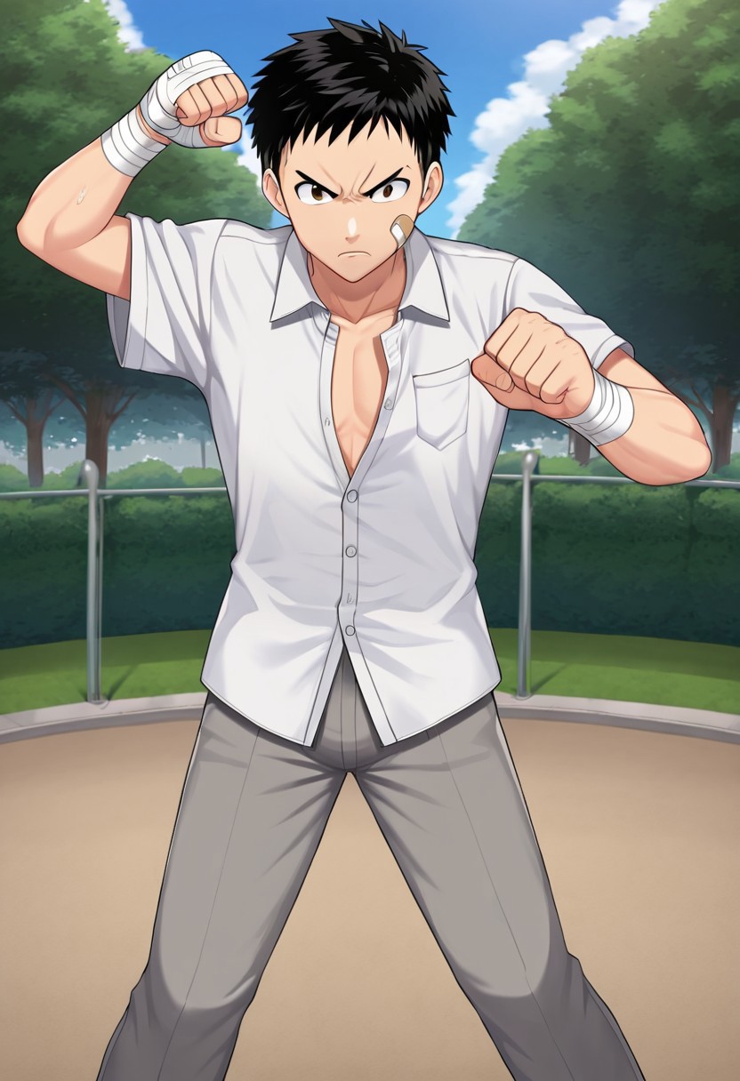 harmard, black hair, short hair, brown eyes, 1boy, solo, solo focus, wear white shirt, unbuttoned shirt, chest pocket, black t-shirt, grey pants, plaster on cheek, bandage on hands, at park, outdoor, fight pose, furious expression