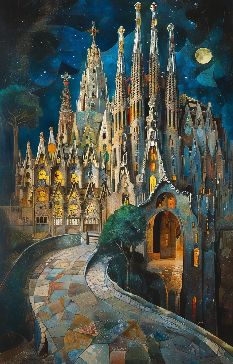 masterpiece,best quality,<lora:tbh305-sdxl:0.9>,illustration,designed by Antoni Gaudi Gothic revival cathedral with intricate spires and stained glass windows, bathed in moonlight
