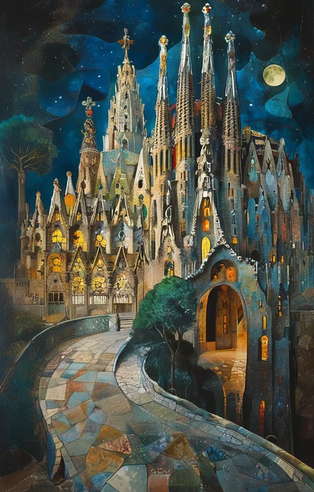 masterpiece,best quality,<lora:tbh305-sdxl:0.9>,illustration,designed by Antoni Gaudi Gothic revival cathedral with intricate spires and stained glass windows, bathed in moonlight