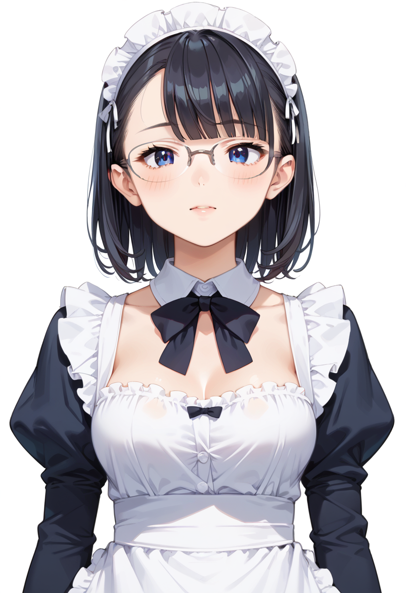 score_9, score_8_up, score_7_up, rating_safe, masterpiece, best quality, absurdres, unity 8k wallpaper, official art, official style, source_anime, uncensored, game cg, megami magazine,
1girl, solo, black hair, medium hair, upper body, covered eyes,maid, maid headdress, black dress, maid apron, face focus, 
halfrim15S, still life, white background, simple background, grey-framed eyewear,
 <lora:glasses_halfrim15s_PONY_V1:1>
