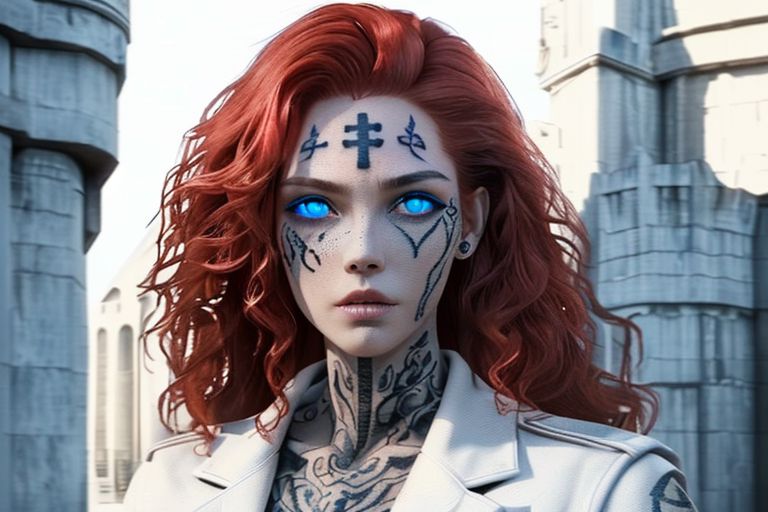 bright red hair, human female, (feminine:1.7), (beautiful face, detailed face:1.6), (beautiful eyes, detailed eyes:1.7), (looking at viewer, eye contact, intense:1.6), (long hair, red hair, curly hair:1.3), , ((masterpiece, best quality, high resolution, realistic, best quality,)), photo realistic, Perfect Face, (detailed face). <lora:GoodHands-vanilla:0.6> <lora:add-detail-xl:0.8>, mage, (Dress White military uniform coat), dagger, rune dagger, glowing runes, , (((glowing magic symbols tattoos, religious tattoos))), ((face tattoos)), glowing tattoos, stone tower in the background