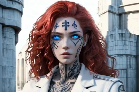 bright red hair, human female, (feminine:1.7), (beautiful face, detailed face:1.6), (beautiful eyes, detailed eyes:1.7), (looking at viewer, eye contact, intense:1.6), (long hair, red hair, curly hair:1.3), , ((masterpiece, best quality, high resolution, realistic, best quality,)), photo realistic, Perfect Face, (detailed face). <lora:GoodHands-vanilla:0.6> <lora:add-detail-xl:0.8>, mage, (Dress White military uniform coat), dagger, rune dagger, glowing runes, , (((glowing magic symbols tattoos, religious tattoos))), ((face tattoos)), glowing tattoos, stone tower in the background