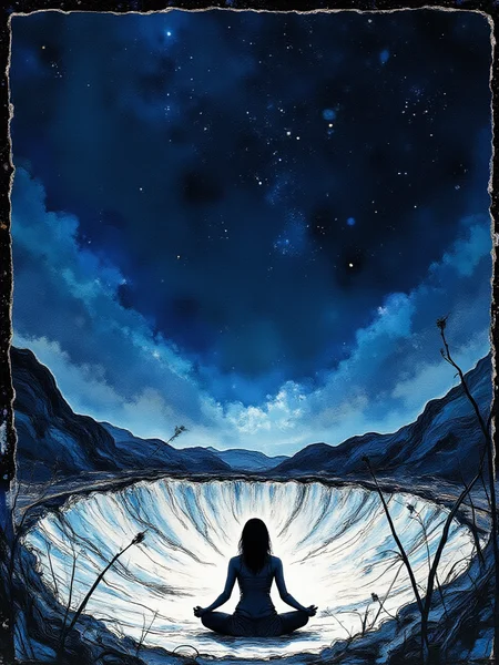An illustrated image of a woman meditating while floating above a glowing crater, with stars visible in the distance. <lora:InkEdgeMono-Complex_Epoch-08:1.0> 1NK3D63-M0N-C0M,
<lora:inkedgemono-simple_epoch-08:0.6> 1NK3D63SIM,
background is indigo dye <lora:Midjourney_Whisper_AgateX_v1:0.6>, border is bamboo shoot
<lora:Midjourney_Whisper_Minimal:0.8>
| no deformed hands, no too many limbs, no too many fingers,