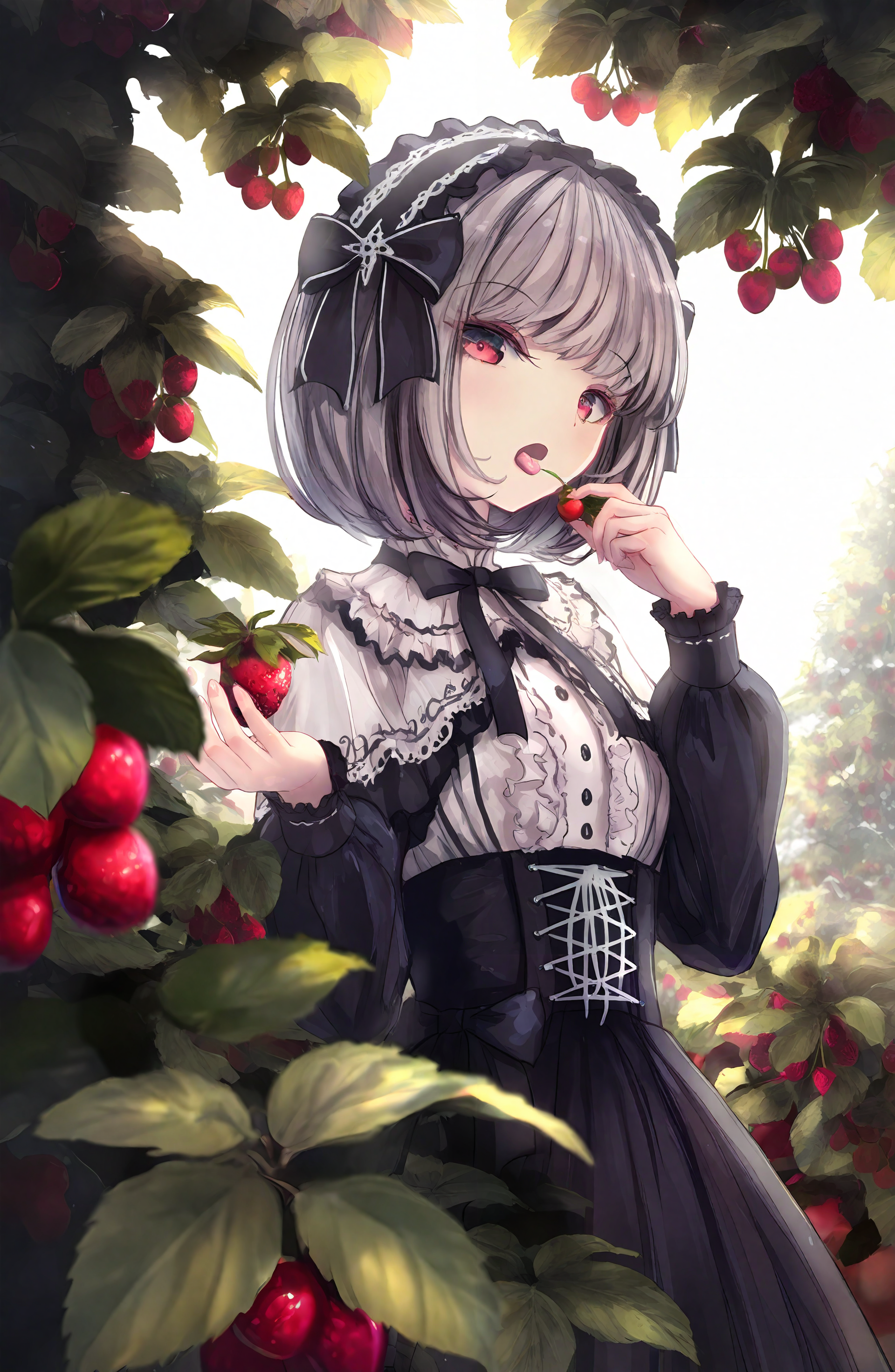 1girl, solo, looking_at_viewer, open_mouth, short_hair, shirt, skirt, long_sleeves, red_eyes, bow, ribbon, grey_hair, frills, hairband, food, tongue, black_skirt, tongue_out, black_bow, fruit, holding_food, lolita_fashion, strawberry, center_frills, gothic_lolita, lolita_hairband, holding_fruit, cherry