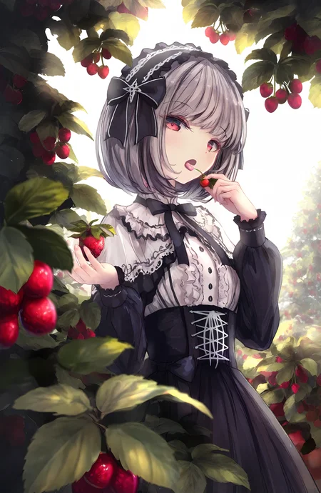 1girl, solo, looking_at_viewer, open_mouth, short_hair, shirt, skirt, long_sleeves, red_eyes, bow, ribbon, grey_hair, frills, hairband, food, tongue, black_skirt, tongue_out, black_bow, fruit, holding_food, lolita_fashion, strawberry, center_frills, gothic_lolita, lolita_hairband, holding_fruit, cherry