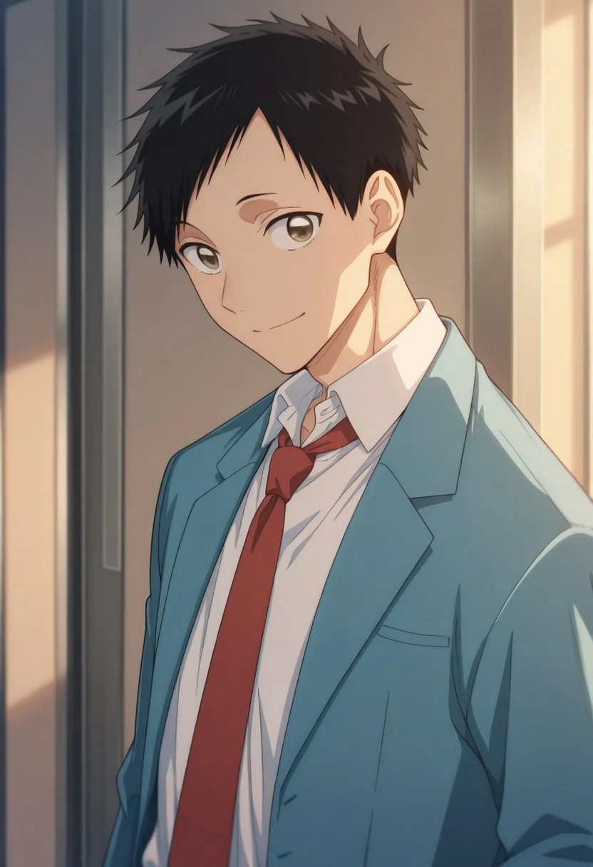 masterpiece,best quality,amazing quality,
taikinomata, 1boy, male focus, solo, brown eyes, black hair, short hair, school uniform, shirt, white shirt, collared shirt, necktie, red necktie, jacket, blazer, blue jacket, long sleeves, open jacket, open clothes, smile,