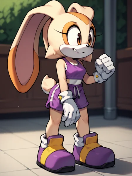 score_9, score_8_up, score_7_up, <lora:Cream_the_Rabbit_Pony:0.8> cre4mth3r4bb1t, Furry, furry female, animal ears, animal nose, rabbit ears, rabbit girl, tail, white gloves, multicolored fur, purple sports bra, purple shorts, <lora:lorijackrabbit:0.5>