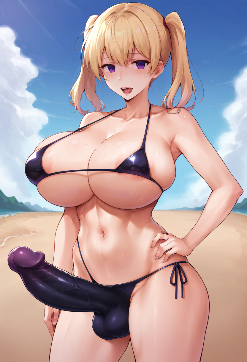 score_9, score_7_up,  1girl, 
huge breasts, wide hips, thick thighs, futa, futanari, huge penis, slim, hand on own hip, purple eyes, breasts, bikini, erection, standing, covered penis, underboob, black bikini, open mouth, solo, curvy, swimsuit, stomach, micro bikini, navel, blush, covered testicles, highleg, side-tie bikini bottom, highleg bikini, penis, twintails, thighs, blonde hair, cleavage, bulge
 <lora:hiiaru-Style-PonyXL-GLoRA-Final-000049:1>