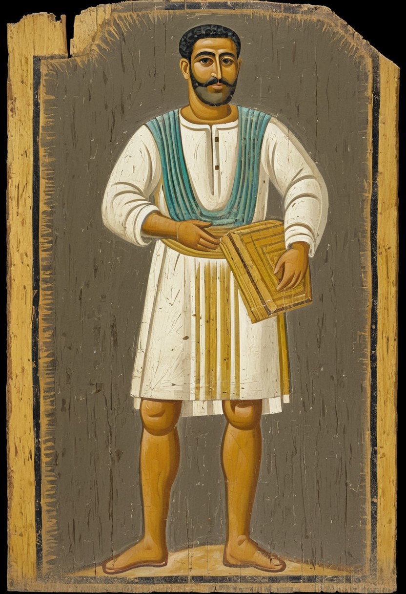 Full body masterpiece fayoum paint portrait of an wood carpenter man 45 years old wear short tunic, no hairs, working  figure abstract, dark mooted background colors, fayoum paint fresco