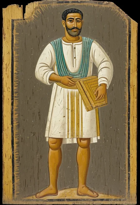 Full body masterpiece fayoum paint portrait of an wood carpenter man 45 years old wear short tunic, no hairs, working figure abstract, dark mooted background colors, fayoum paint fresco